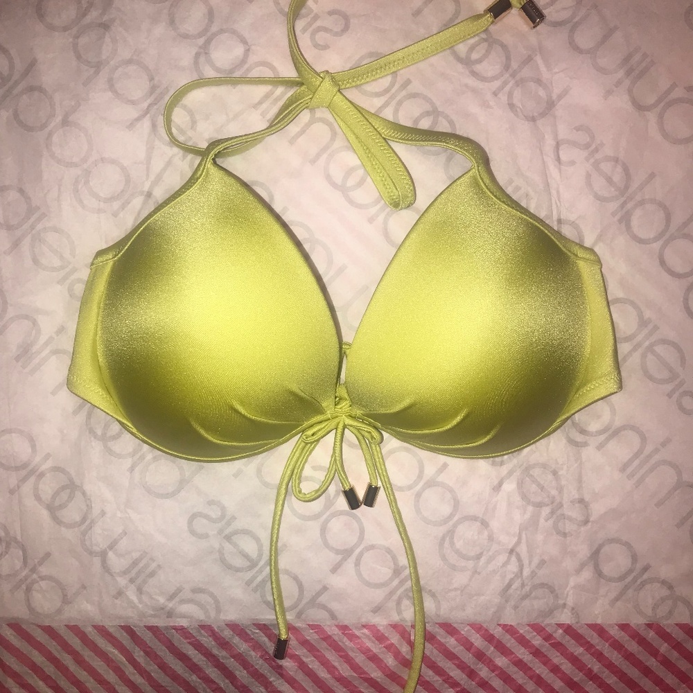 Victoria’s Secret Swim Swimsuit Bikini Top Padded Push Up Tie Bow Iced Olive 38C
